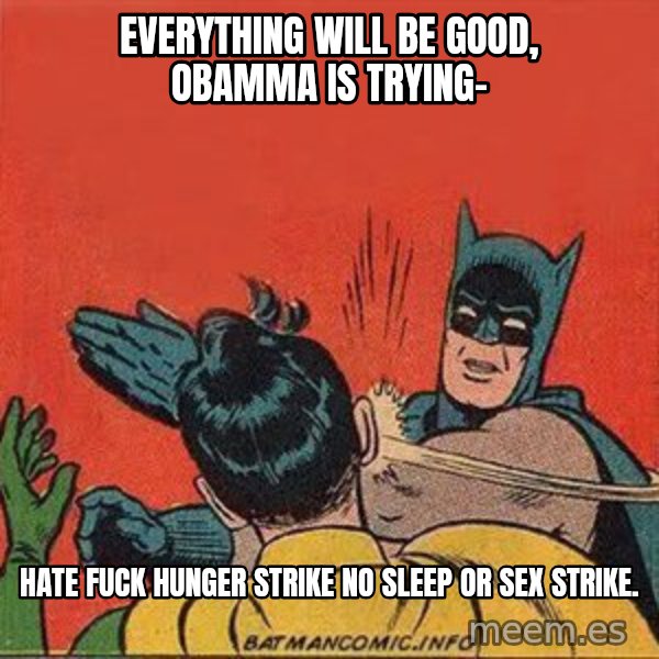 batman slap robin meme: everything will be good, obamma is trying- / hate fuck hunger strike no sleep or sex strike.