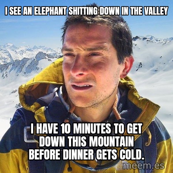 Bear Grylls Loneliness meme: I see an elephant shitting down in the valley / i have 10 minutes to get down this mountain before dinner gets cold.