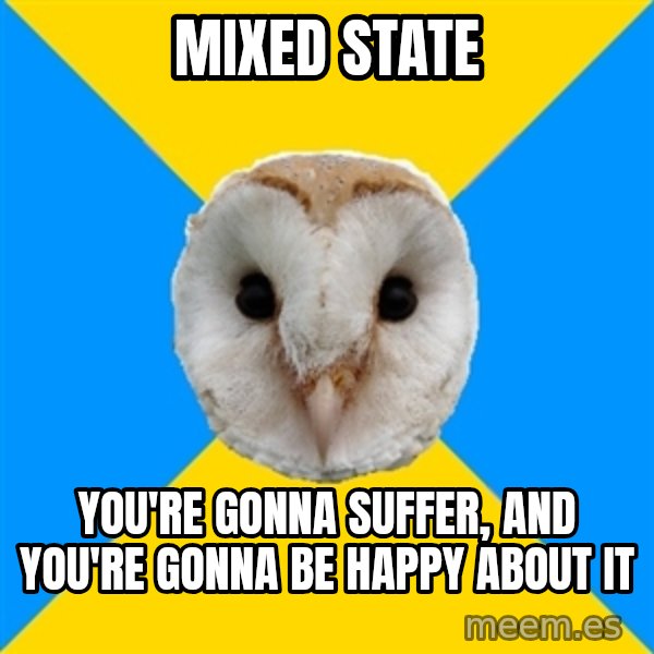 Bipolar Owl meme: mixed state / you're gonna suffer, and you're gonna be happy about it