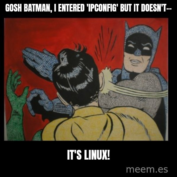 Batman Slappp meme: Gosh batman, I entered 'ipconfig' but it doesn't-- / It's Linux!