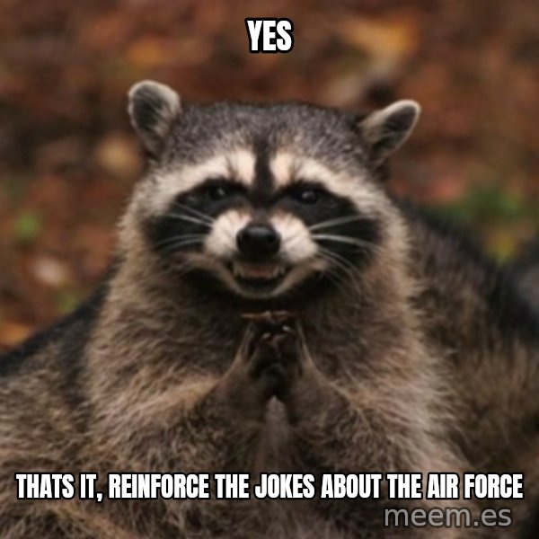 evil raccoon meme: Yes / Thats it, reinforce the jokes about the air force