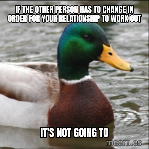 Actual Advice Mallard 1 meme: if the other person has to change in order for your relationship to work out / it's not going to