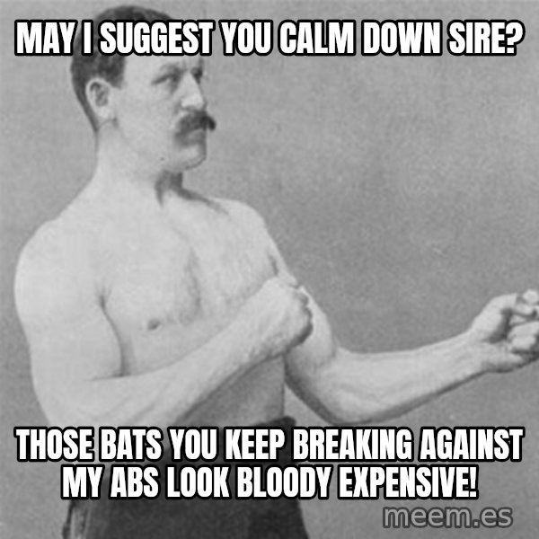 overly manlyman meme: May I suggest you calm down sire? / Those bats you keep breaking against my abs look bloody expensive!