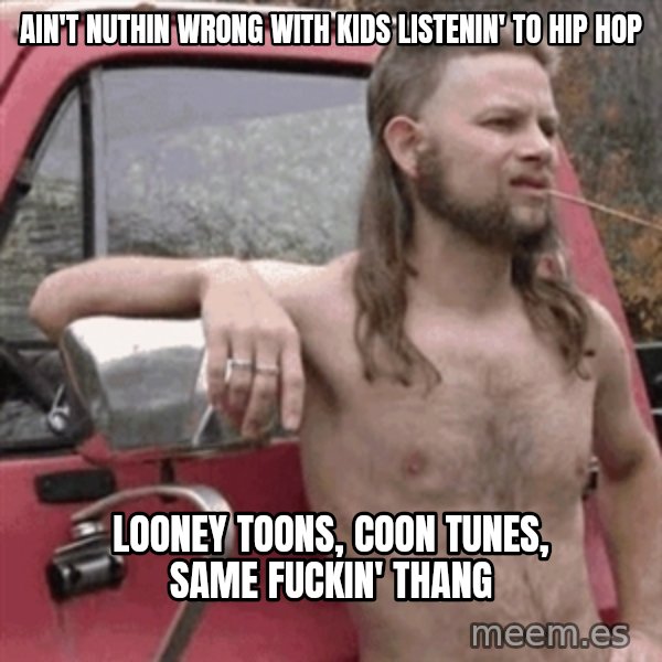 Almost Politically Correct Redneck meme: ain't nuthin wrong with kids listenin' to hip hop / looney toons, coon tunes, same fuckin' thang