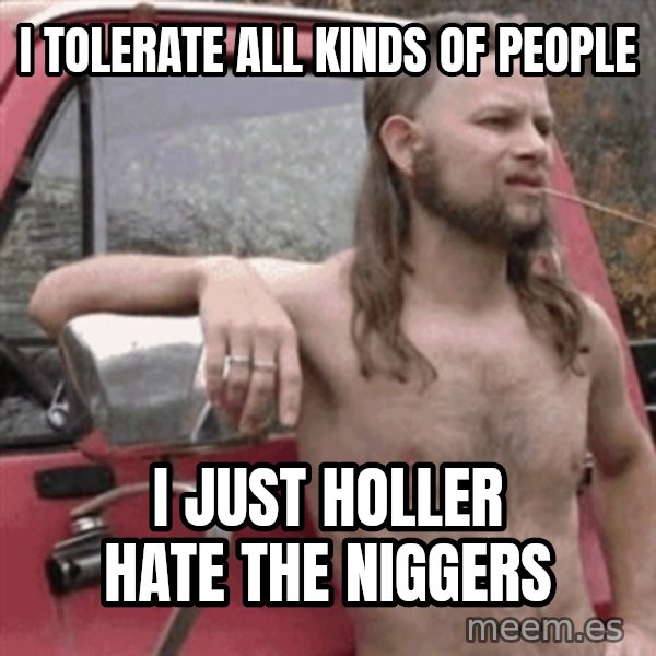 Almost Politically Correct Redneck meme: I tolerate all kinds of people / I just holler hate the niggers