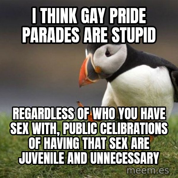 Unpopular Opinion Puffin meme: I think Gay pride parades are stupid / Regardless of who you have sex with, public celibrations of having that sex are juvenile and unnecessary