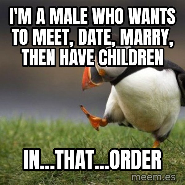 Unpopular Opinion Puffin meme: I'm a male who wants to meet, date, marry, then have children / in...that...order