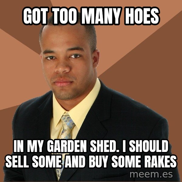 Successful Black Man meme: got too many hoes / in my garden shed.  i should sell some and buy some rakes