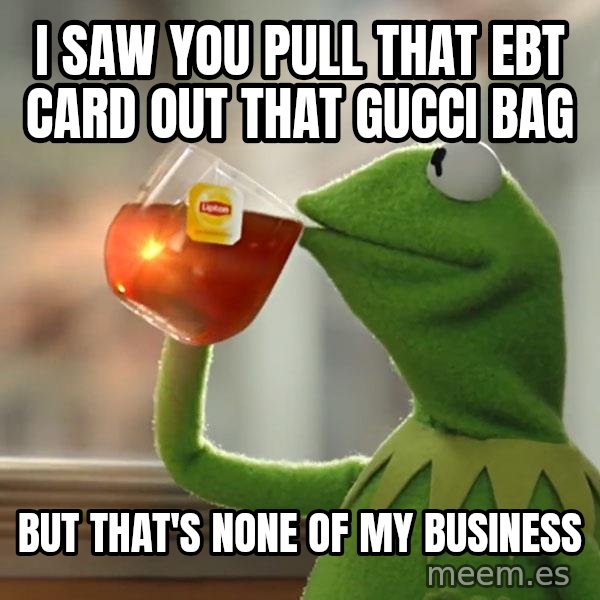 Kermit The Frog Drinking Tea meme: i saw you pull that Ebt card out that gucci bag / but that's none of my business