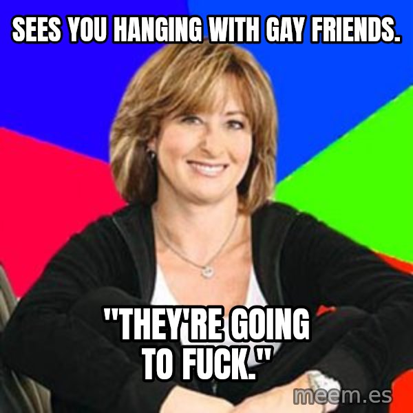 Sheltering Suburban Mom meme: Sees you hanging with gay friends. / "They're going to fuck."