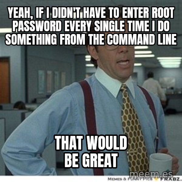 That would be great meme: yeah, if I didn't have to enter root password every single time I do something from the command line / that would be great