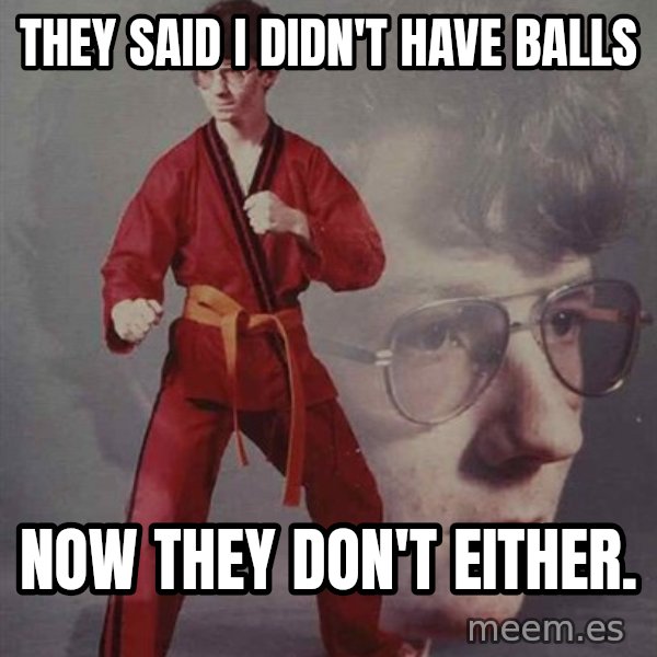 PTSD Karate Kyle meme: they said i didn't have balls / now they don't either.