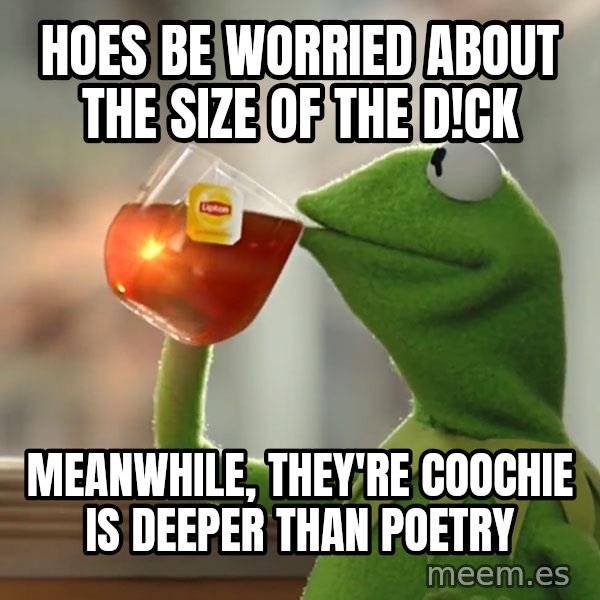 Kermit The Frog Drinking Tea meme: hoes be worried about the size of the d!ck / meanwhile, they're coochie is deeper than poetry