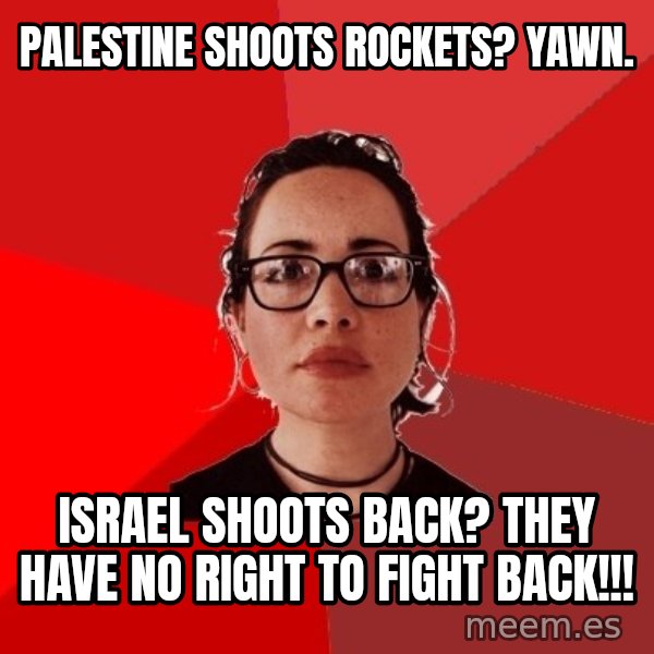 Liberal Douche Garofalo meme: palestine shoots rockets? yawn. / israel shoots back? they have no right to fight back!!!