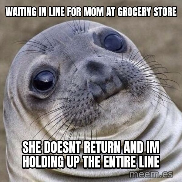 Awkward Seal meme: waiting in line for mom at grocery store / she doesnt return and im holding up the entire line
