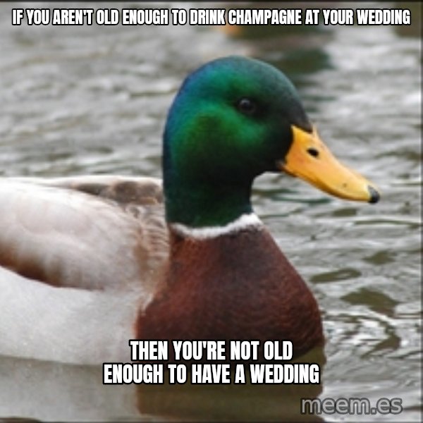 Actual Advice Mallard 1 meme: if you aren't old enough to drink champagne at your wedding / then you're not old enough to have a wedding