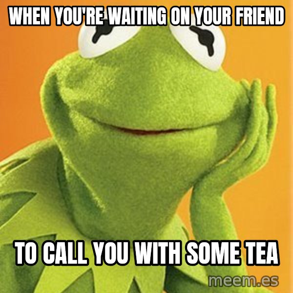 Kermit the frog meme: When you're waiting on your friend / to call you with some tea