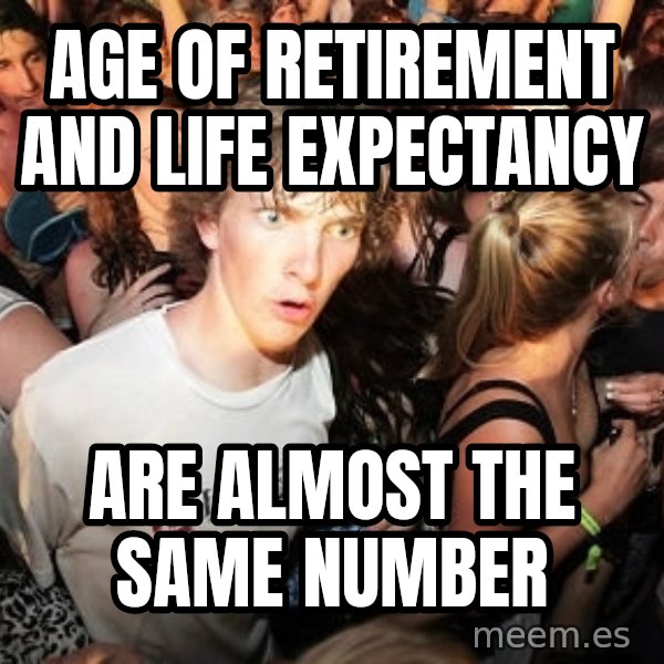 Sudden Realization Ralph meme: age of Retirement and  life expectancy / are almost the same number