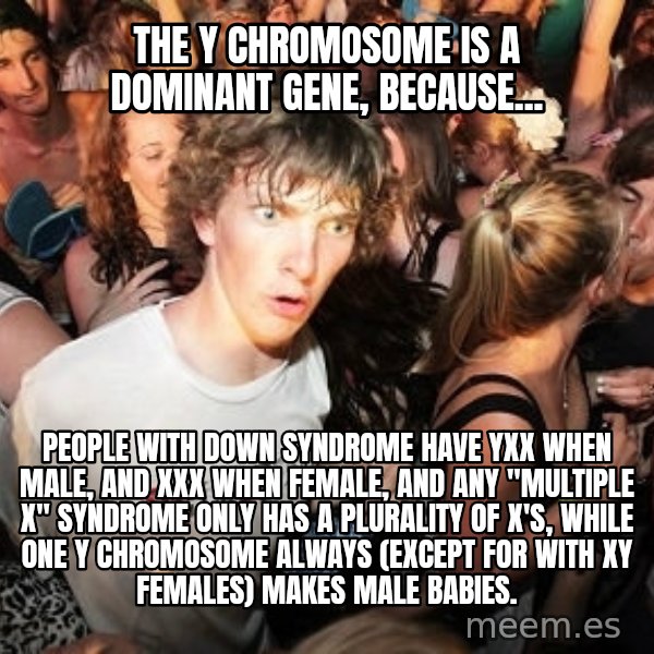 Sudden Realization Ralph meme: The Y chromosome is a dominant gene, because... / People with down SyNDrOmE have YXX when male, and XXX when female, and any ''multiple X'' syndrome only has a plurality of X's, while one Y chromosome always (except for with XY females) makes male babies.