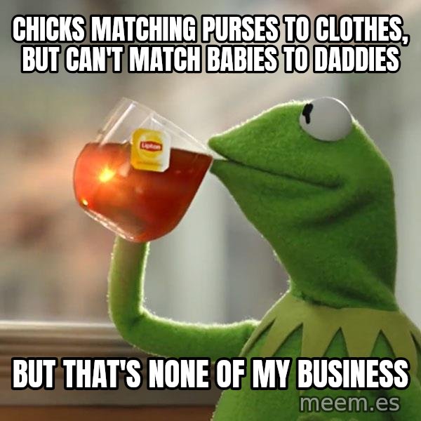 Kermit The Frog Drinking Tea meme: Chicks matching purses to clothes, but can't match babies to daddies / But that's none of my business