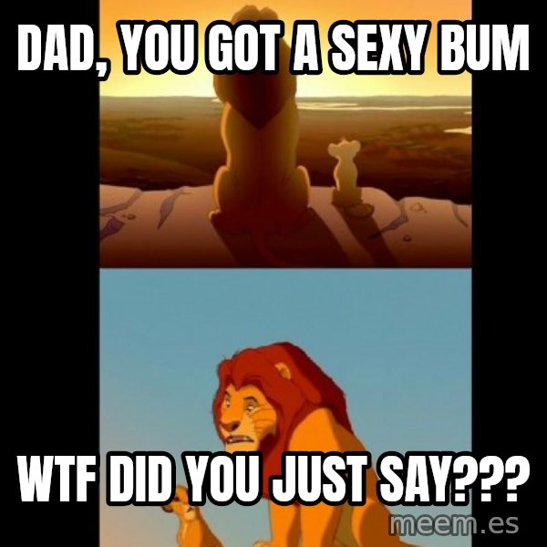 Lion King Shadowy Place meme: dad, you got a sexy bum / wtf did you just say???