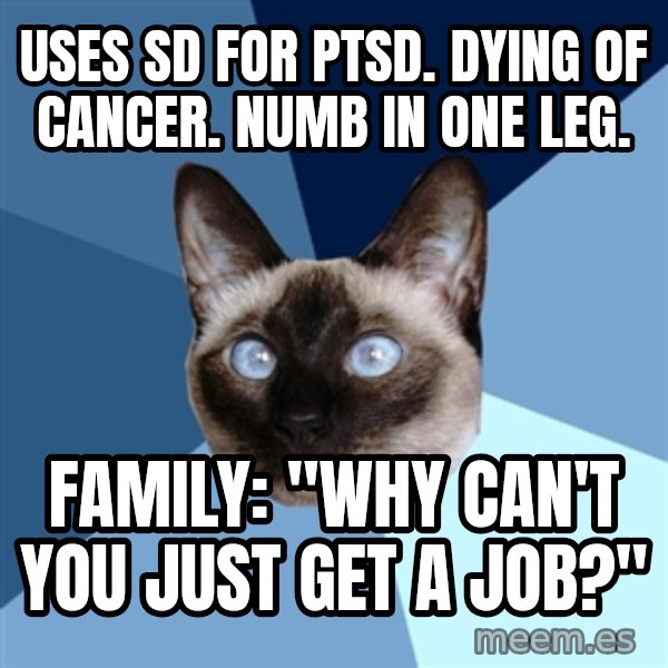 Chronic Illness Cat meme: Uses SD for PTSD.  Dying of Cancer. Numb in one leg. / Family: "Why can't you just get a job?"