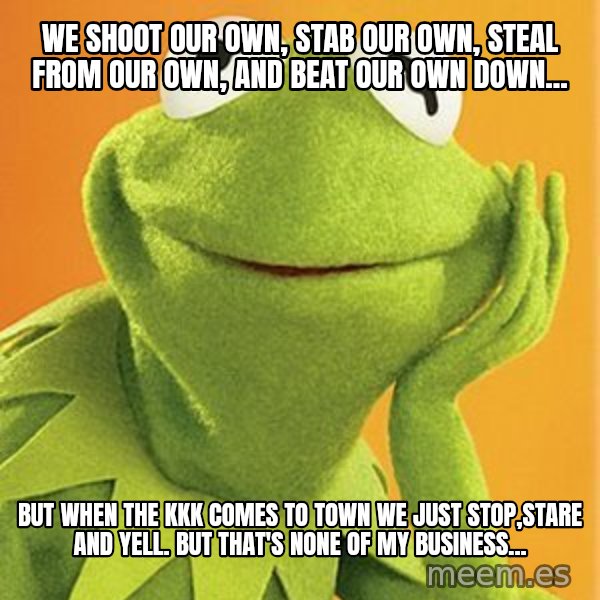 Kermit the frog meme: We shoot our own, stab our own, steal from our own, and beat our own down... / But when the KKK comes to town we just stop,stare and yell. But that's none of my business...