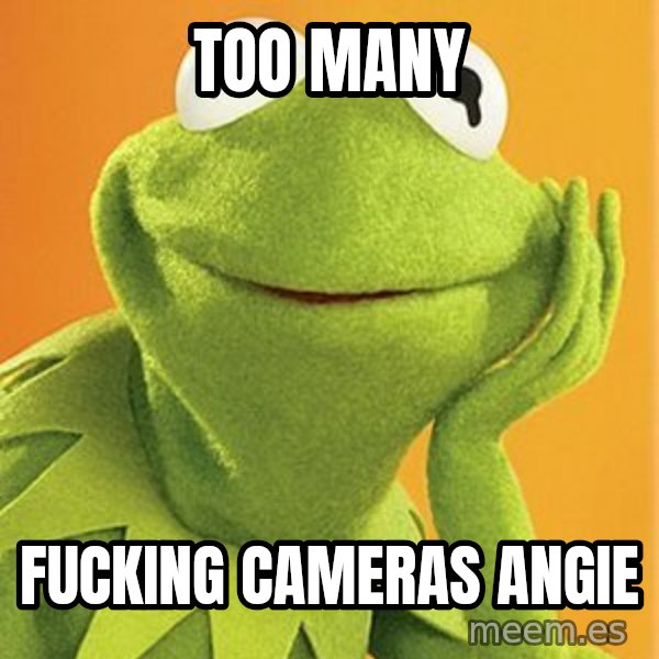 Kermit the frog meme: Too many / Fucking Cameras Angie