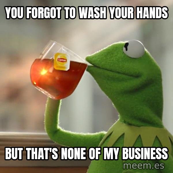 Kermit The Frog Drinking Tea meme: You forgot to wash your hands / But that's none of my business