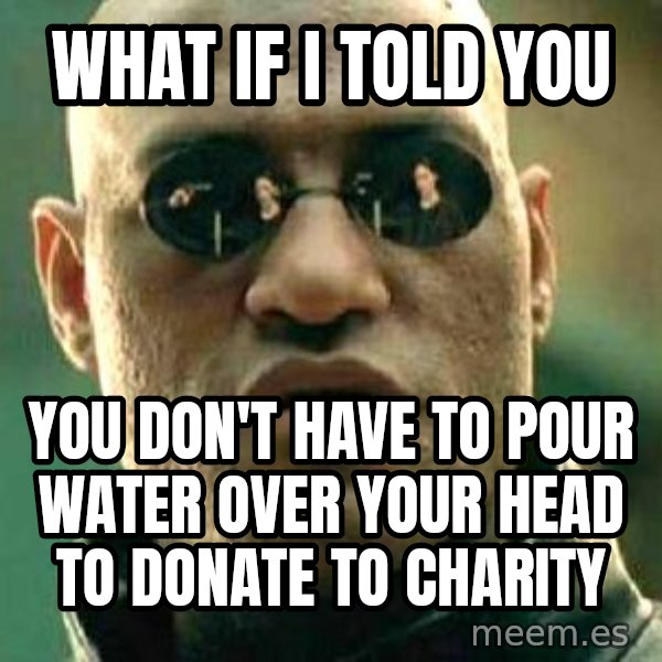 What If I Told You meme: WHAT IF I TOLD YOU / YOU DON'T HAVE TO POUR WATER OVER YOUR HEAD TO DONATE TO CHARITY