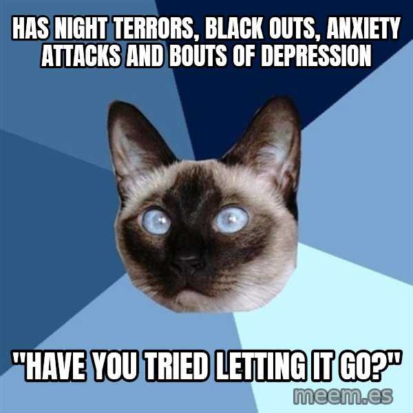 Chronic Illness Cat meme: Has Night terrors, black outs, anxiety attacks and bouts of depression / "Have you tried letting it go?"
