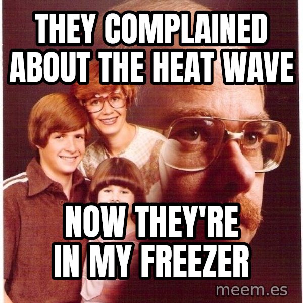 Vengeance Dad meme: they complained about the heat wave / now they're in my freezer