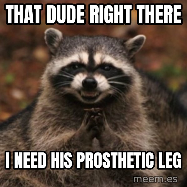 evil raccoon meme: that dude right there / i need his prosthetic leg
