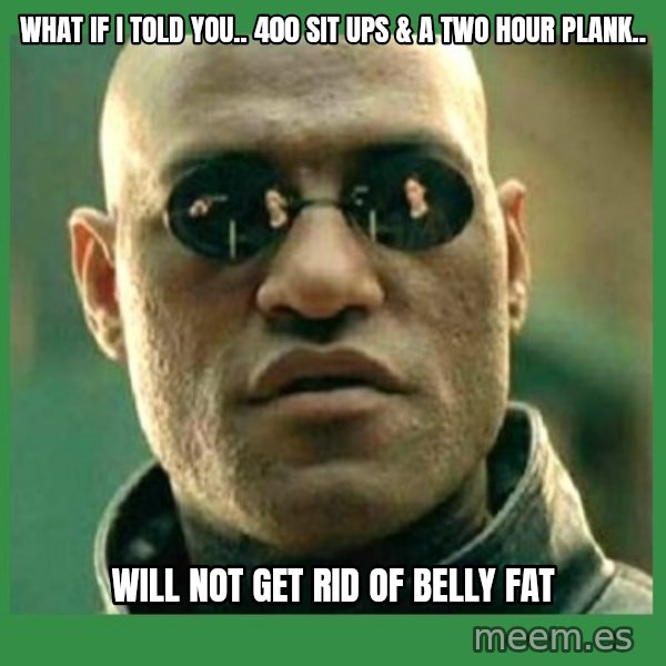 Matrix Morpheus meme: what if i told you.. 400 sit ups & a two hour plank.. / will not get rid of belly fat