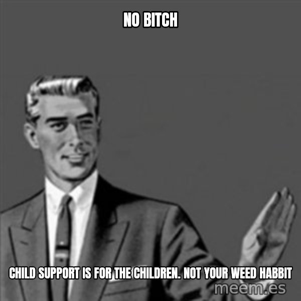 Correction Guy meme: No Bitch / Child Support Is For The Children. Not Your Weed Habbit