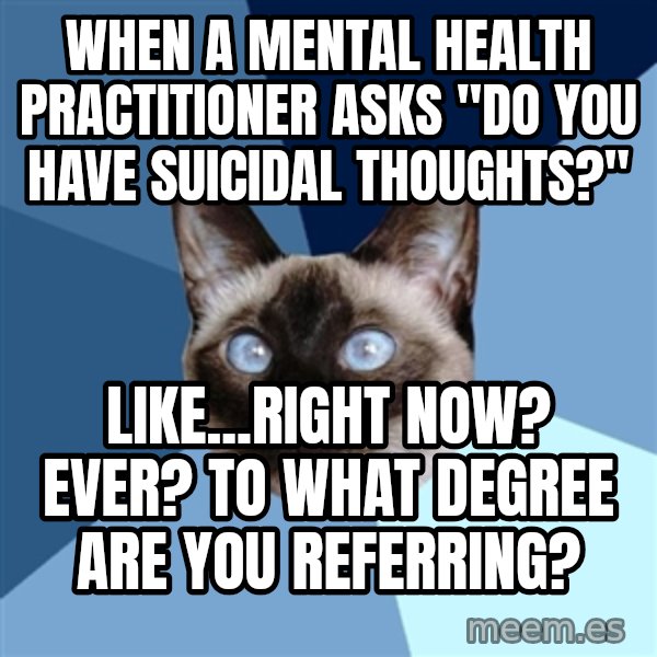 Chronic Illness Cat meme: when a mental health practitioner asks "do you have suicidal thoughts?" / Like...right now? Ever? To what degree are you referring?