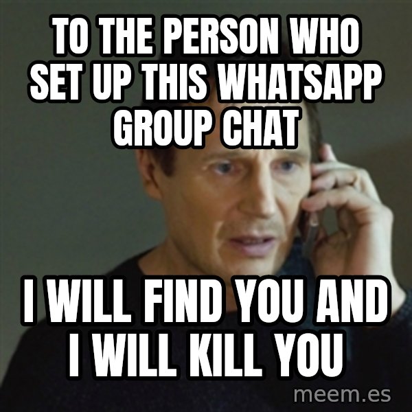 taken meme meme: TO THE PERSON WHO SET UP THIS WHATSAPP GROUP CHAT / I WILL FIND YOU AND I WILL KILL YOU