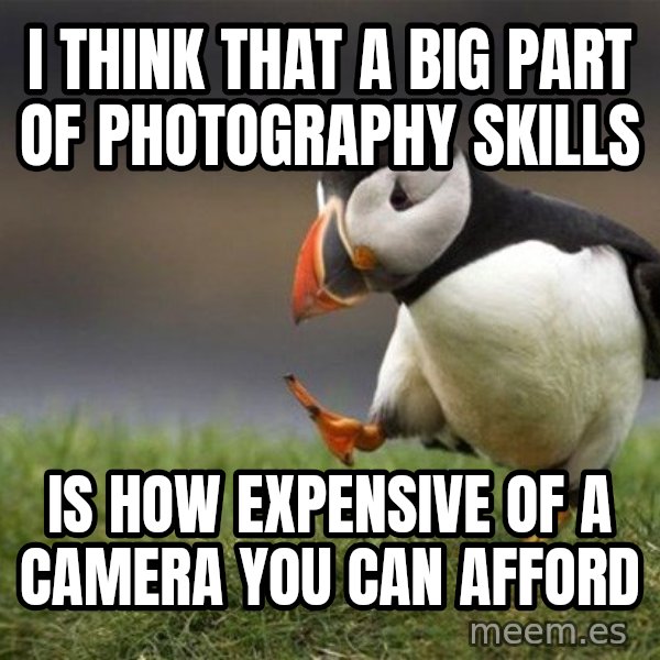 Unpopular Opinion Puffin meme: I think that a big part of photography skills / is how expensive of a camera you can afford
