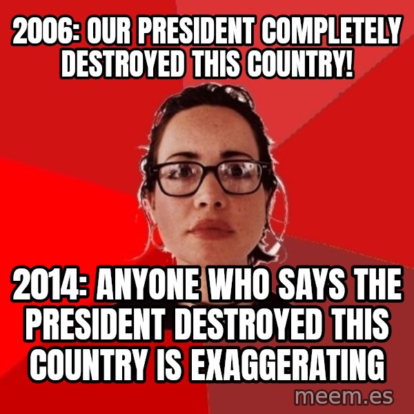 Liberal Douche Garofalo meme: 2006: our president completely destroyed this country! / 2014: anyone who says the president destroyed this country is exaggerating