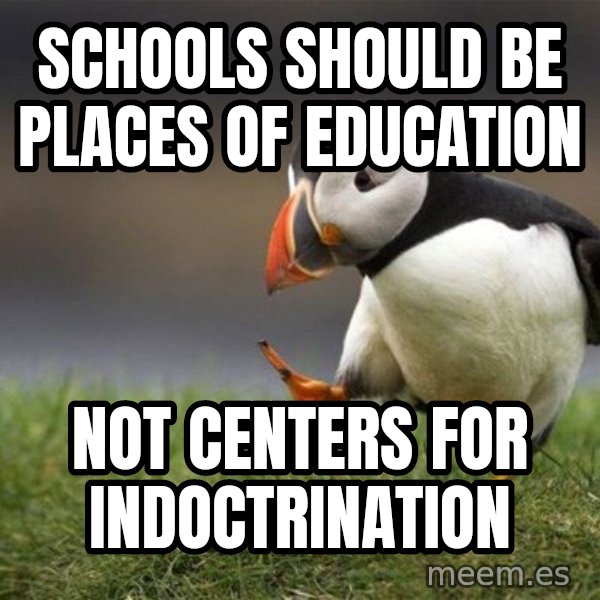 Unpopular Opinion Puffin meme: schools should be places of education / not centers for  indoctrination