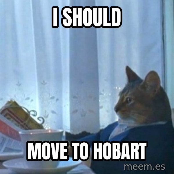 newspaper cat realization meme: I SHOULD / MOVE TO HOBART