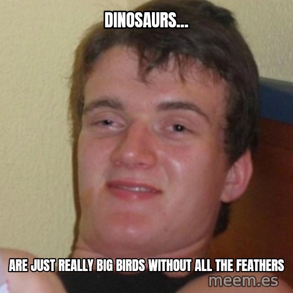 Stoner Stanley meme: dinosaurs... / are just really big birds without all the feathers