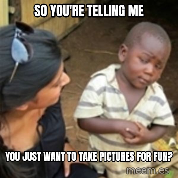 Skeptical african kid  meme: So you're telling me / you just want to take pictures for fun?