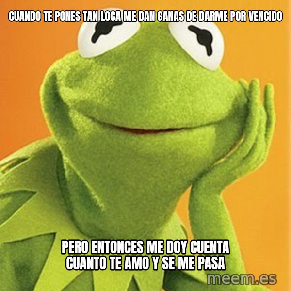 Kermit the frog meme: CUANDO TE PONES TAN LOCA ME DAN GANAS DE DARME POR VENCIDO / PERO ENTONCES ME DOY CUENTA CUANTO TE AMO Y SE ME PASA