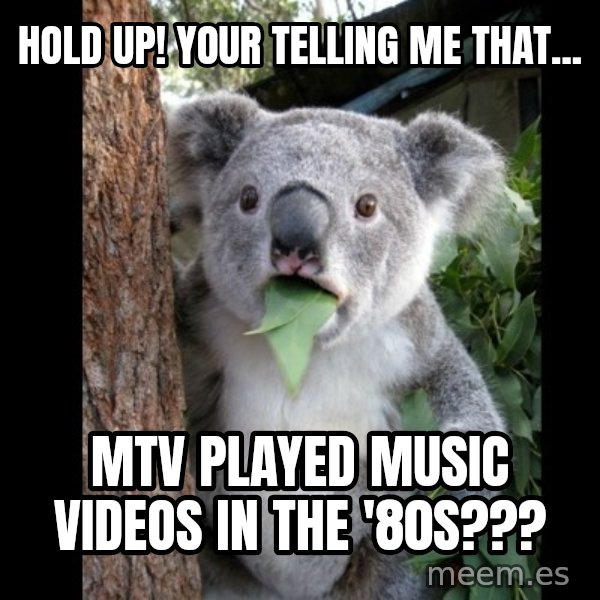 Koala can't believe it meme: hold up! your telling me that... / mtv played music videos in the '80s???