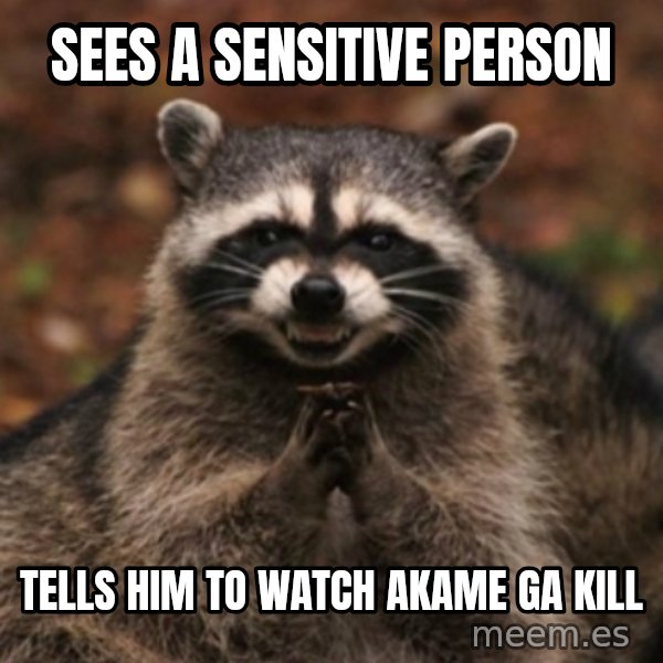 evil raccoon meme: sees a sensitive person / tells him to watch Akame ga kill
