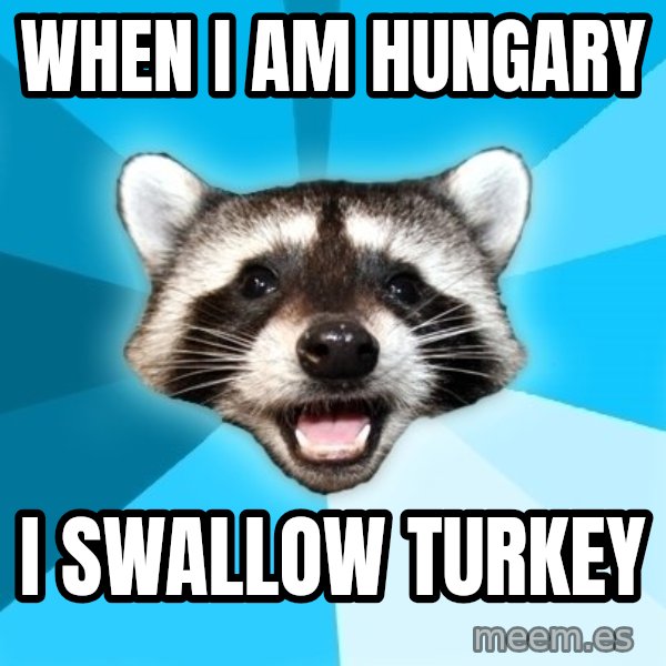 Lame Pun Coon meme: When I am Hungary / I swallow Turkey