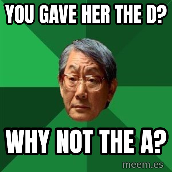 High Expectations Asian Father meme: You gave her the D? / Why not the A?