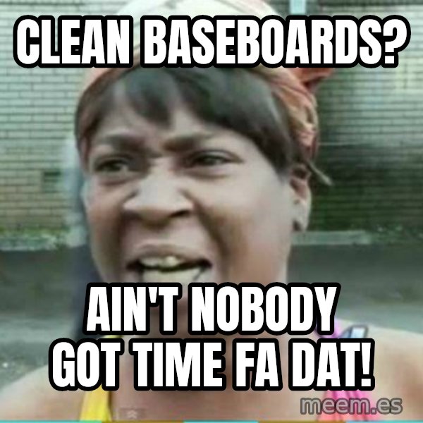 Sweet Brown Meme meme: Clean baseboards? / Ain't nobody got time fa dat!