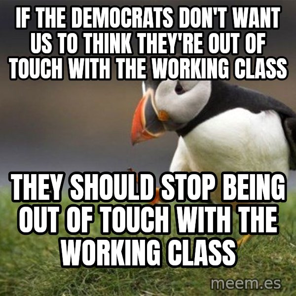 Unpopular Opinion Puffin meme: if the democrats don't want us to think they're out of touch with the working class / they should stop being out of touch with the working class